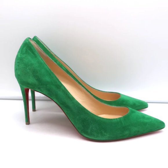 Christian Louboutin Kate 85 Pumps Green Suede Size 38 Pointed Toe Heels NEW - Picture 2 of 10